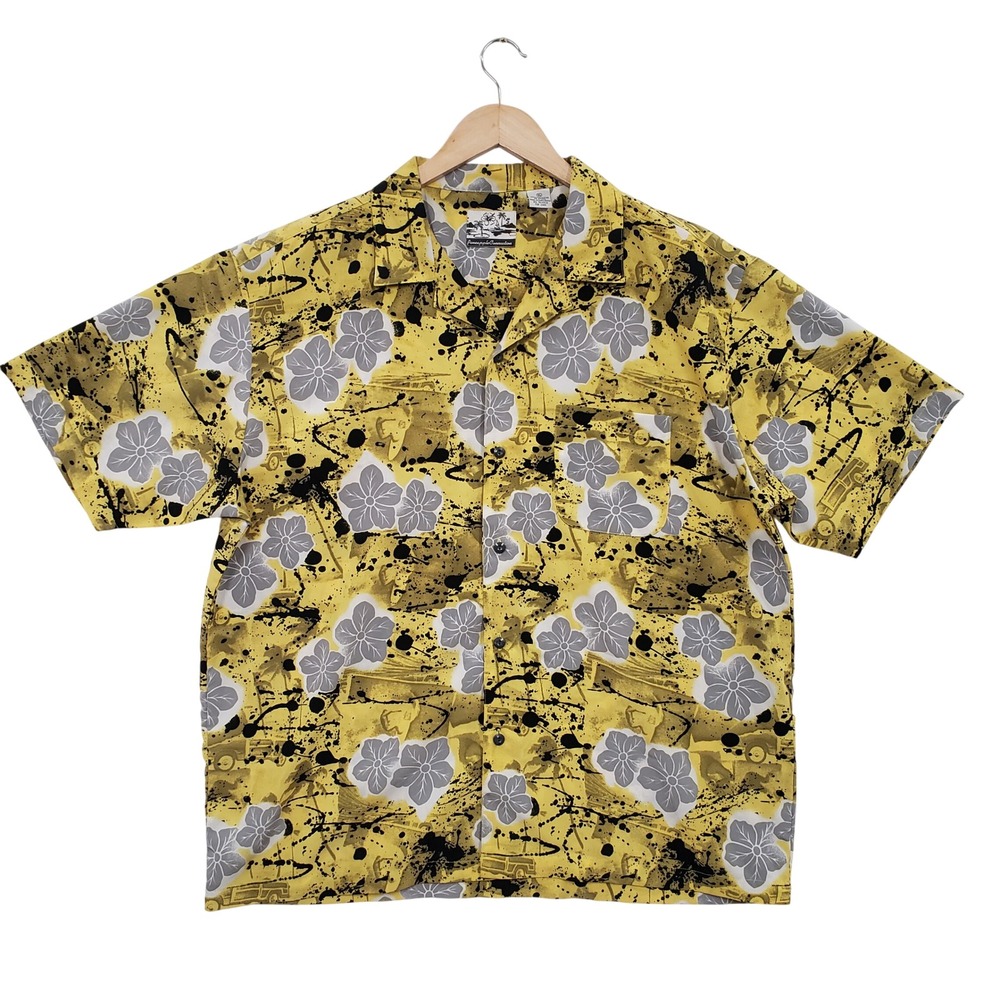 Vintage 90s Yellow Floral Print Aloha Hawaiian Shirt Mens XL Tropical‎ Resort